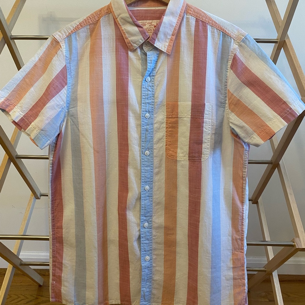 American Eagle Outfitters Striped Button-Down Shirt in Coral, Cream & Light Blue